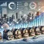 a detailed and professional image of the real estate market in 2024 with elements representing rising and falling housing prices interest rates