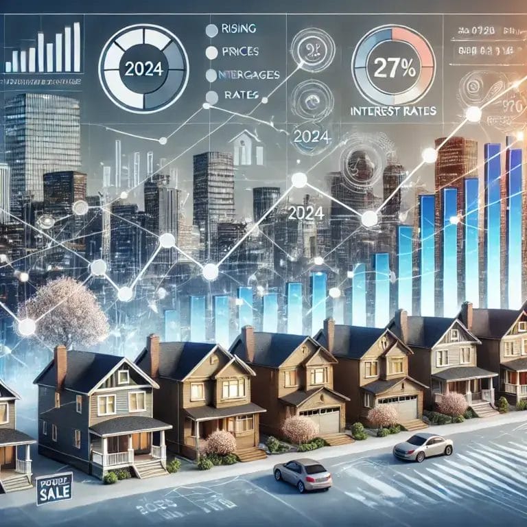 a detailed and professional image of the real estate market in 2024 with elements representing rising and falling housing prices interest rates