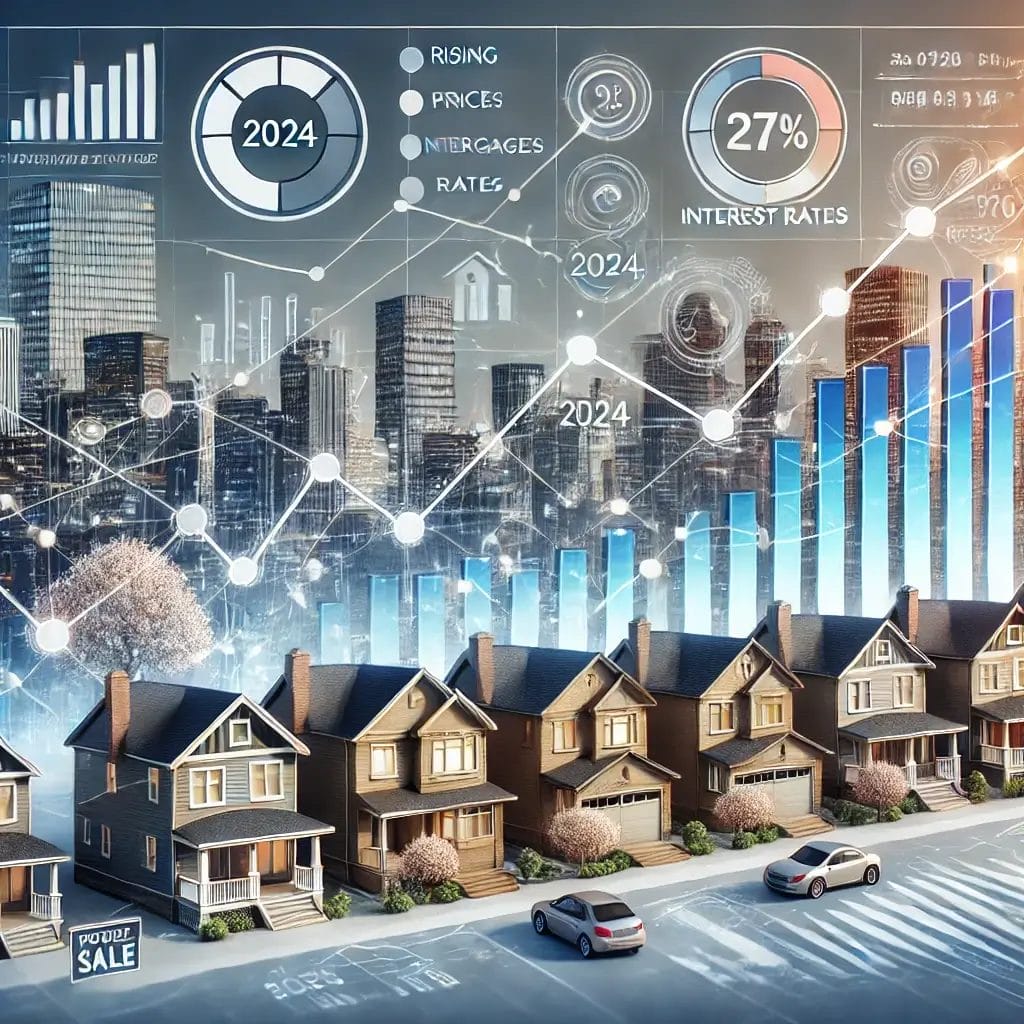 a detailed and professional image of the real estate market in 2024 with elements representing rising and falling housing prices interest rates