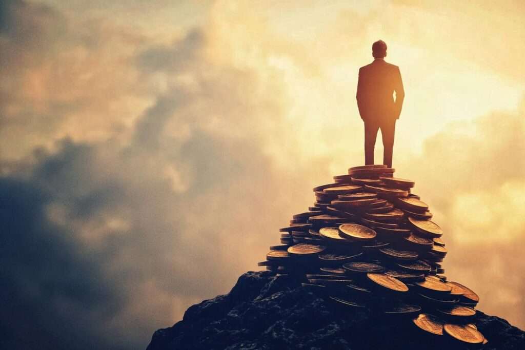 a successful business man is standing on a pile of money coin