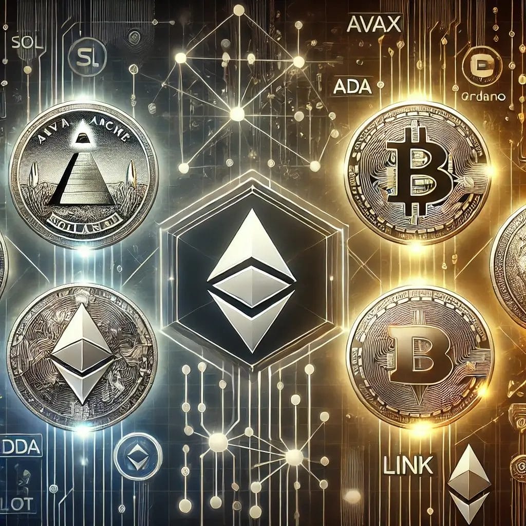 a visual representation of digital cryptocurrencies sol, avax, ada, dot, link
