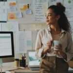 a woman holding a coffee mug smiling by her desk