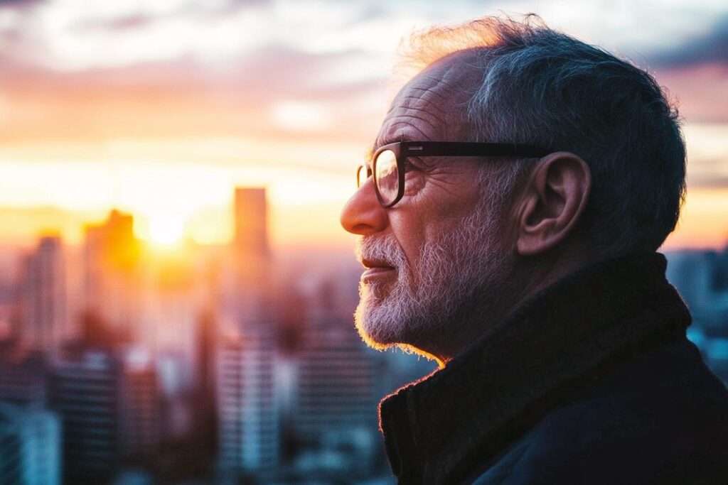 an old man wearing glasses has white beard looking in a distant place with a city in the background