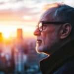 an old man wearing glasses has white beard looking in a distant place with a city in the background