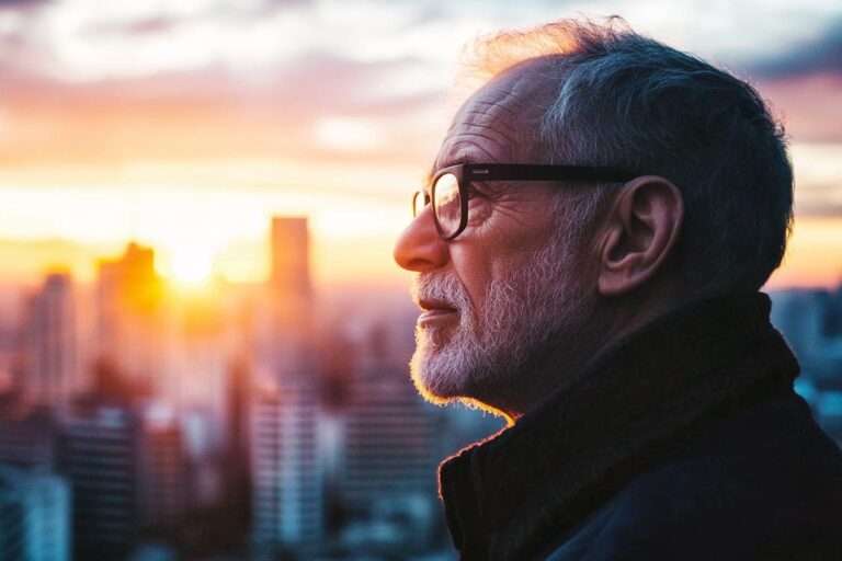 an old man wearing glasses has white beard looking in a distant place with a city in the background